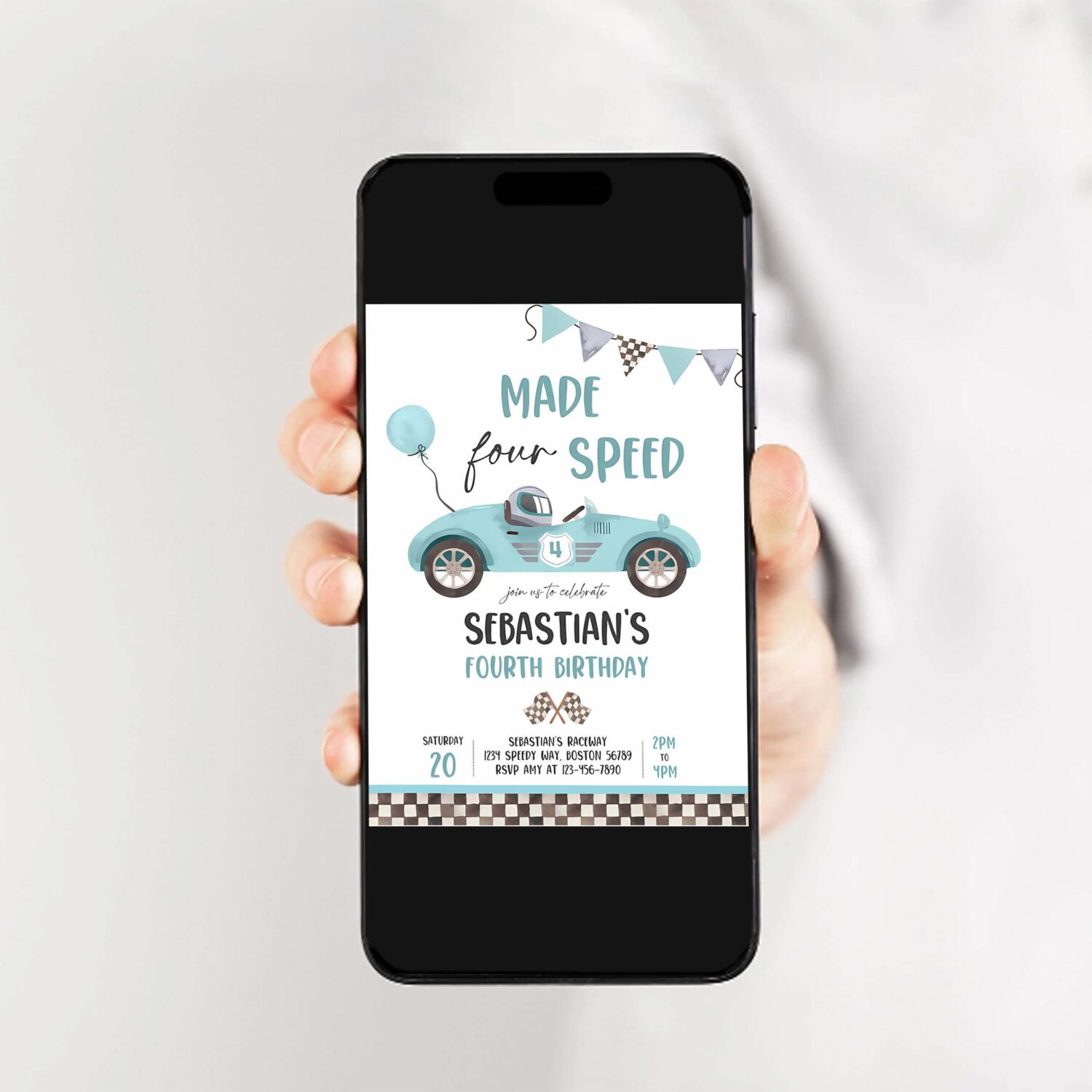 Editable made four speed race car 4th birthday invitation boy vintage blue race car 4th birthday party made 4 speed instant download e5 2