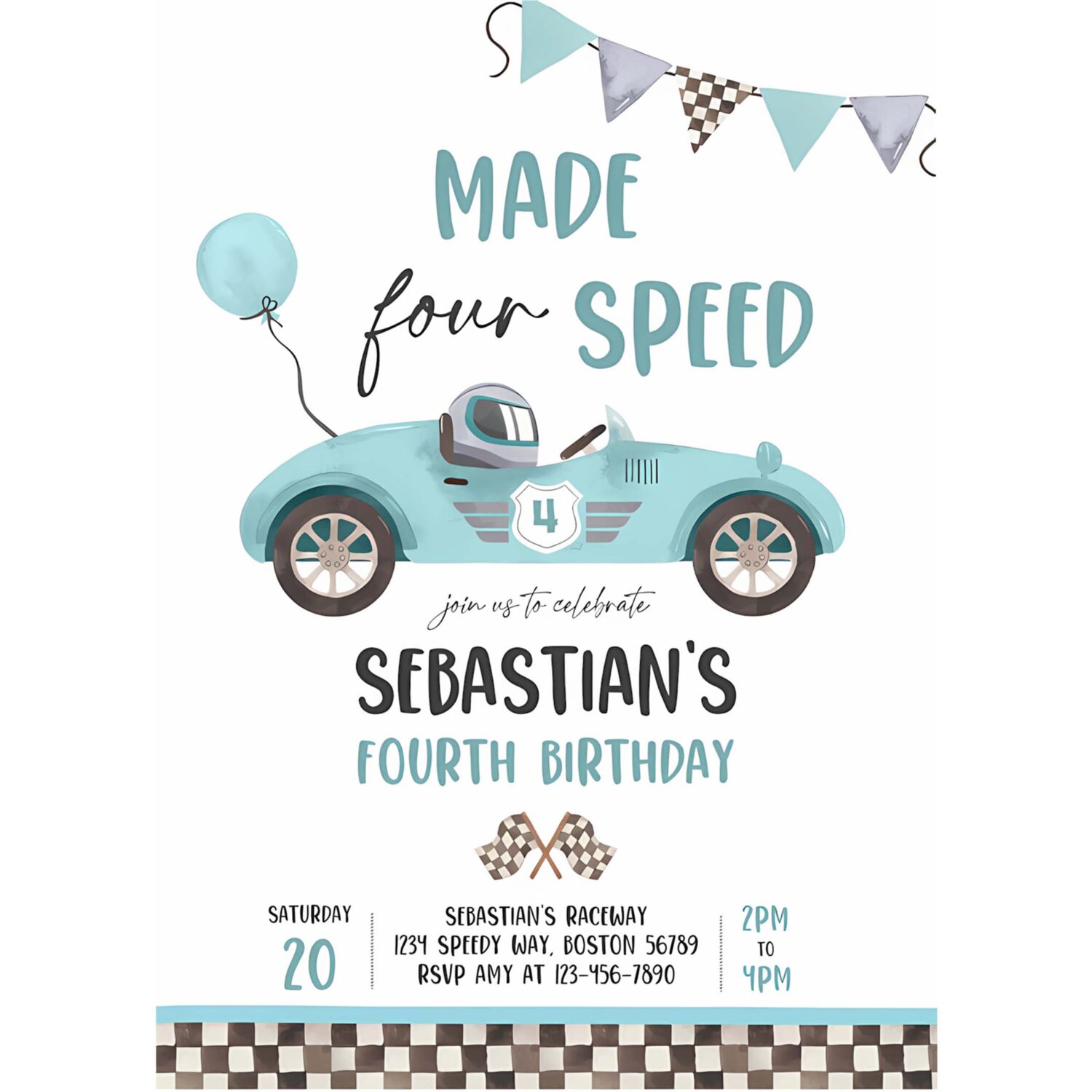 Editable made four speed race car 4th birthday invitation boy vintage blue race car 4th birthday party made 4 speed instant download e5 4