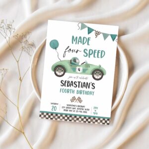 Editable made four speed race car 4th birthday invitation boy vintage green race car 4th birthday party made 4 speed instant download e43 1