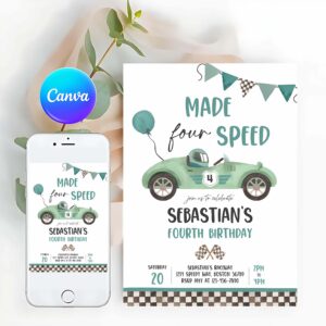 Racing Car Invitation, Made Four Speed Race Car 4th Birthday Invitation