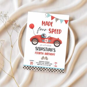 Editable made four speed race car 4th birthday invitation boy vintage red race car 4th birthday party made 4 speed party instant download vr 1