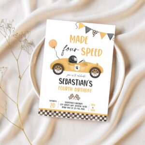 Editable made four speed race car 4th birthday invitation boy vintage yellow race car 4th birthday party made 4 speed instant download ew3 1