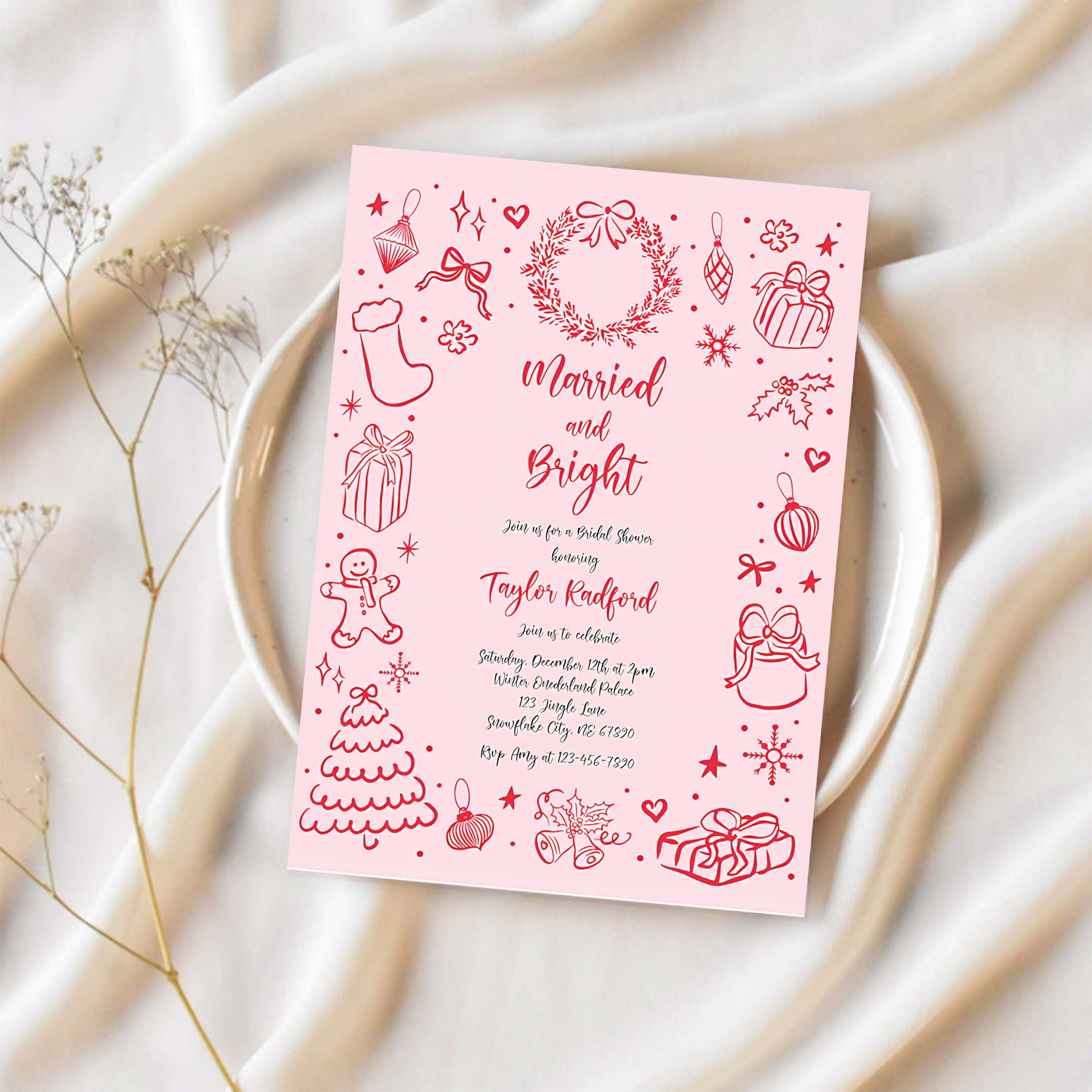 Editable Married And Bright Christmas Bridal Shower Invitation Holiday Bridal Shower Invite Coquette Bow Bridal Shower Instant Download JJ8