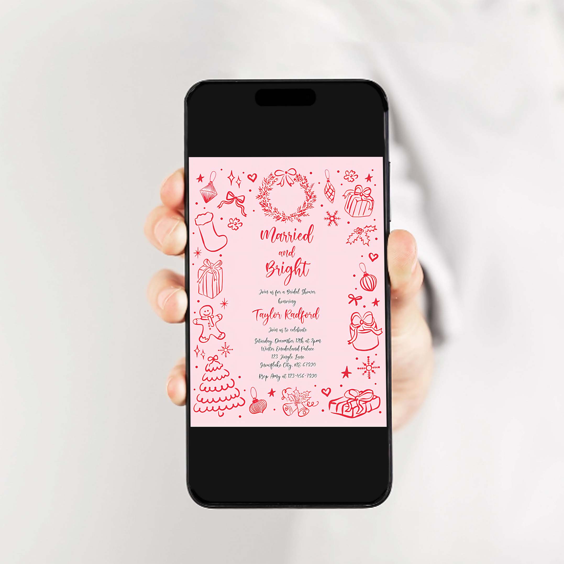 Editable Married And Bright Christmas Bridal Shower Invitation Holiday Bridal Shower Invite Coquette Bow Bridal Shower Instant Download JJ8