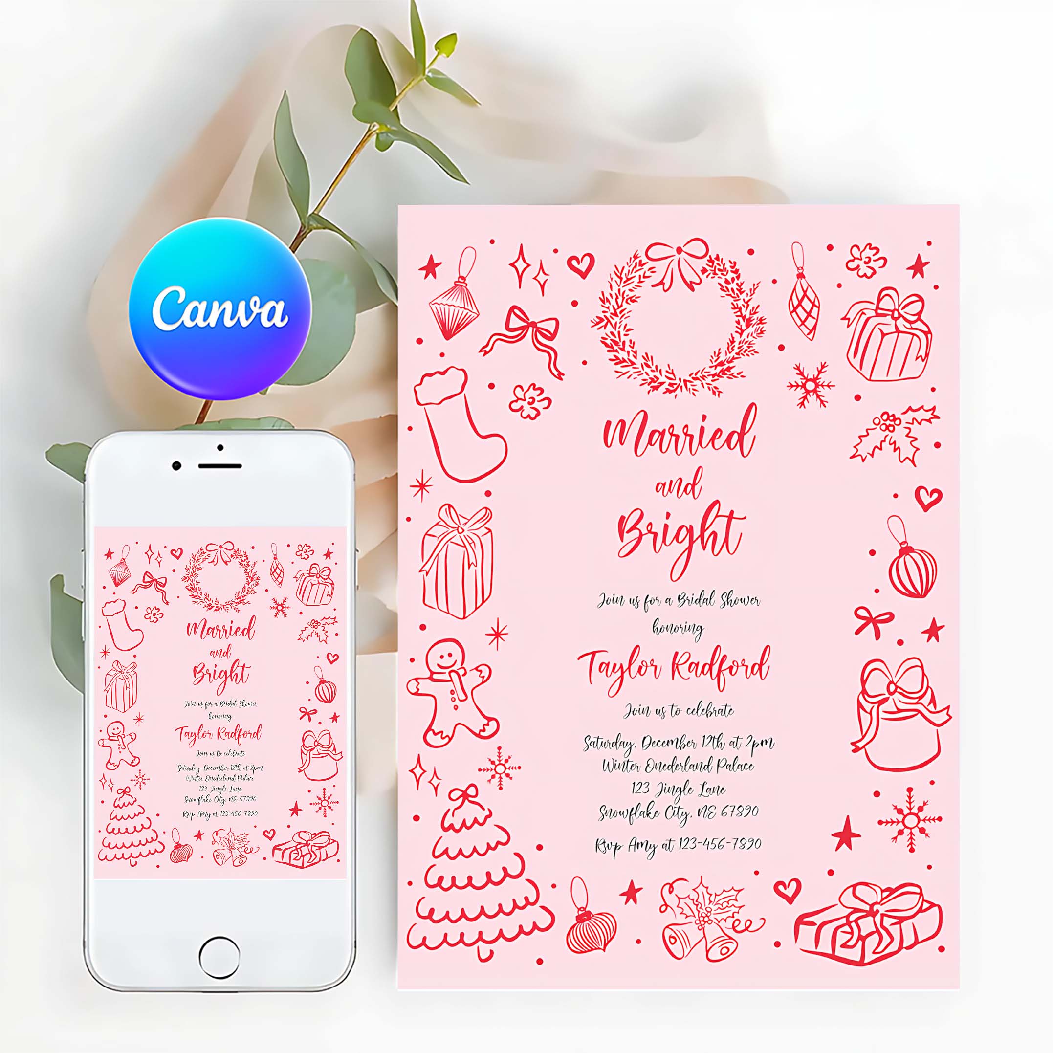 Editable Married And Bright Christmas Bridal Shower Invitation Holiday Bridal Shower Invite Coquette Bow Bridal Shower Instant Download JJ8