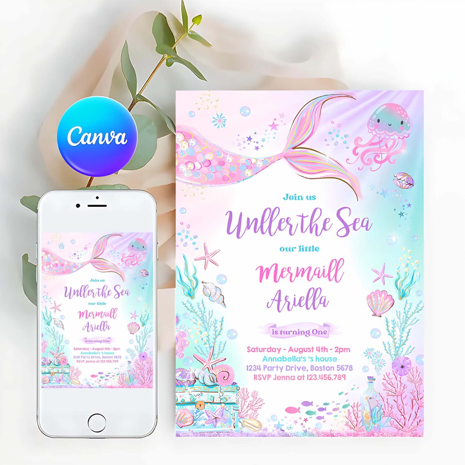 Editable mermaid birthday invitation mermaid under the sea birthday party whimsical mermaid birthday party