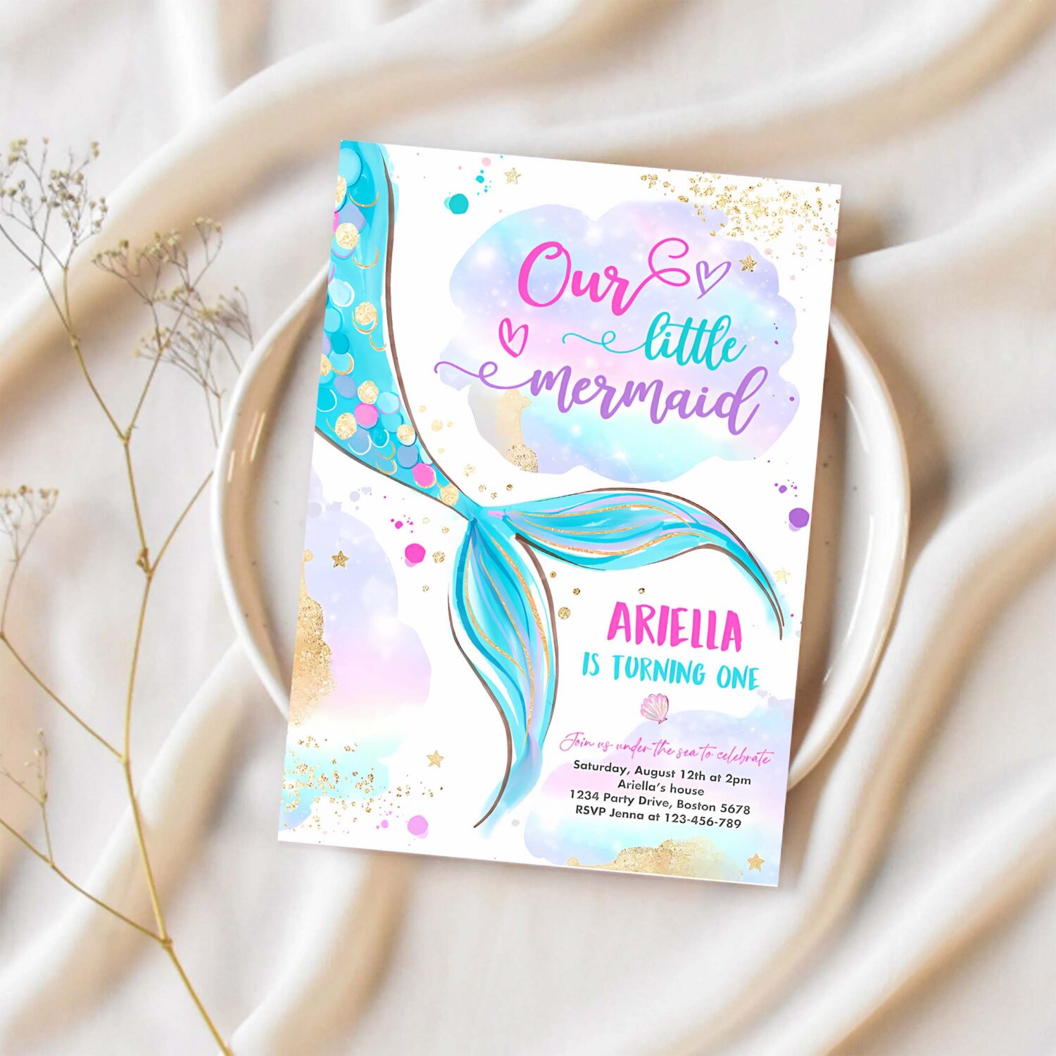 Editable mermaid birthday invitation our little mermaid 1st birthday party pink and gold whimsical mermaid birthday 1