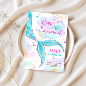 Editable mermaid birthday invitation our little mermaid 1st birthday party pink and gold whimsical mermaid birthday 1