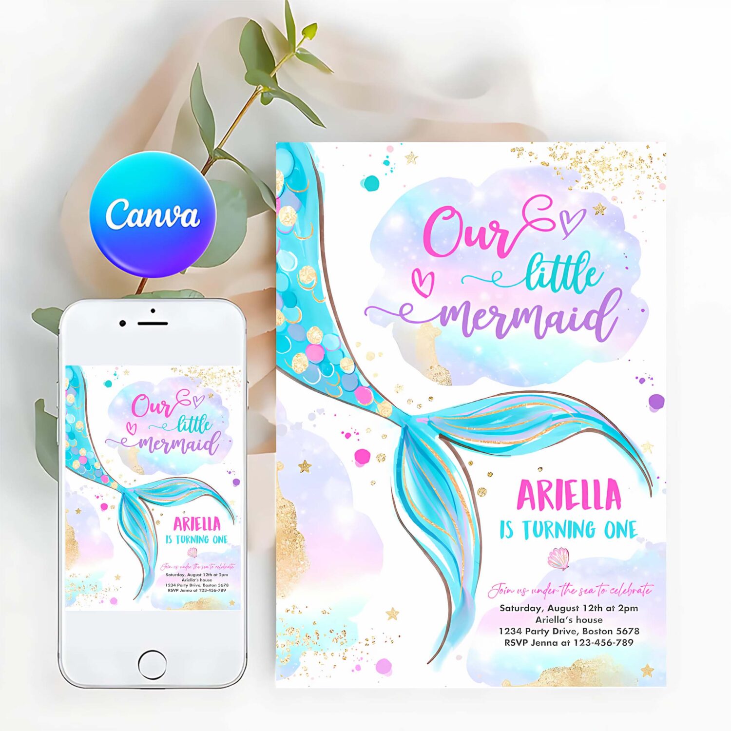 Editable mermaid birthday invitation our little mermaid 1st birthday party pink and gold whimsical mermaid birthday