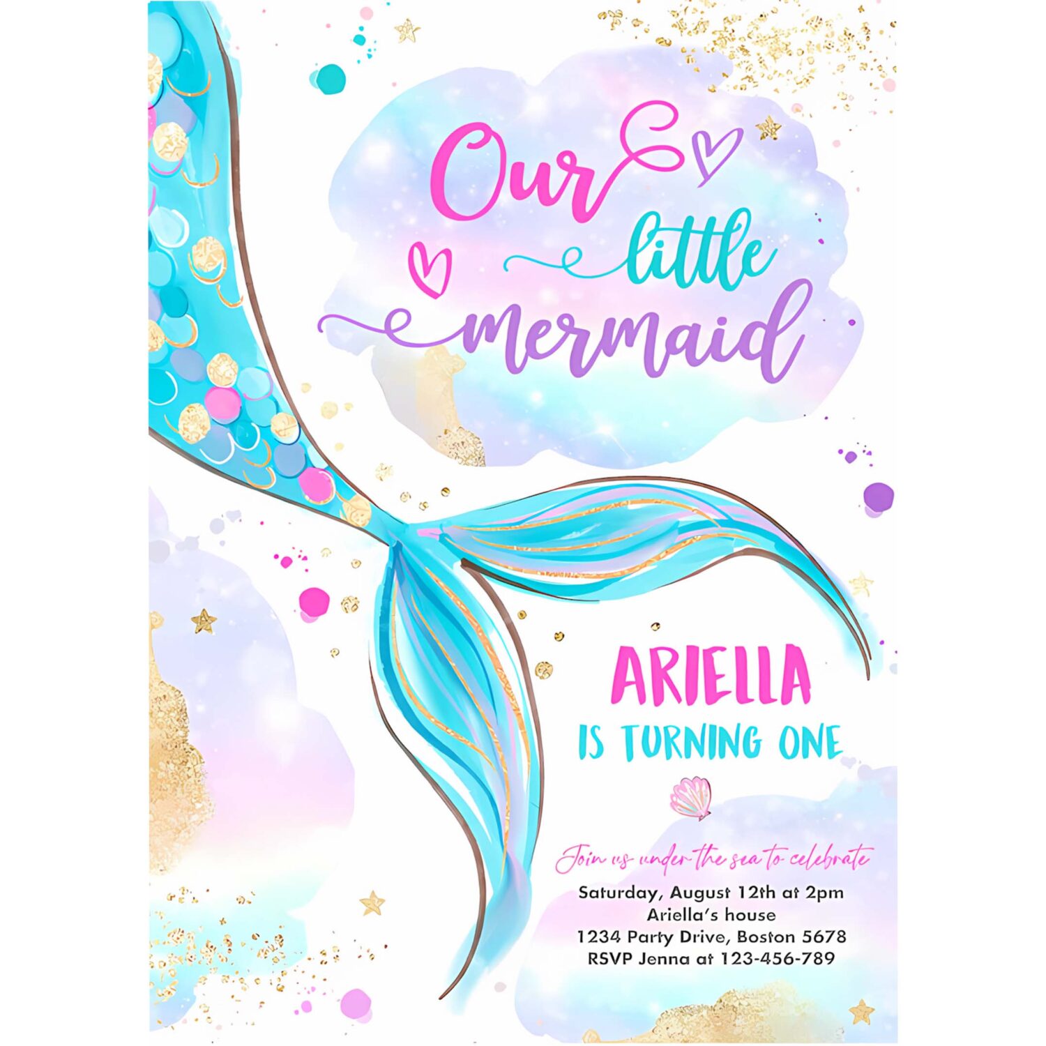 Editable mermaid birthday invitation our little mermaid 1st birthday party pink and gold whimsical mermaid birthday 4