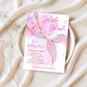 Editable mermaid birthday party invitation girl blush pink gold mermaid birthday under the sea download printable template corjl 0403 1
