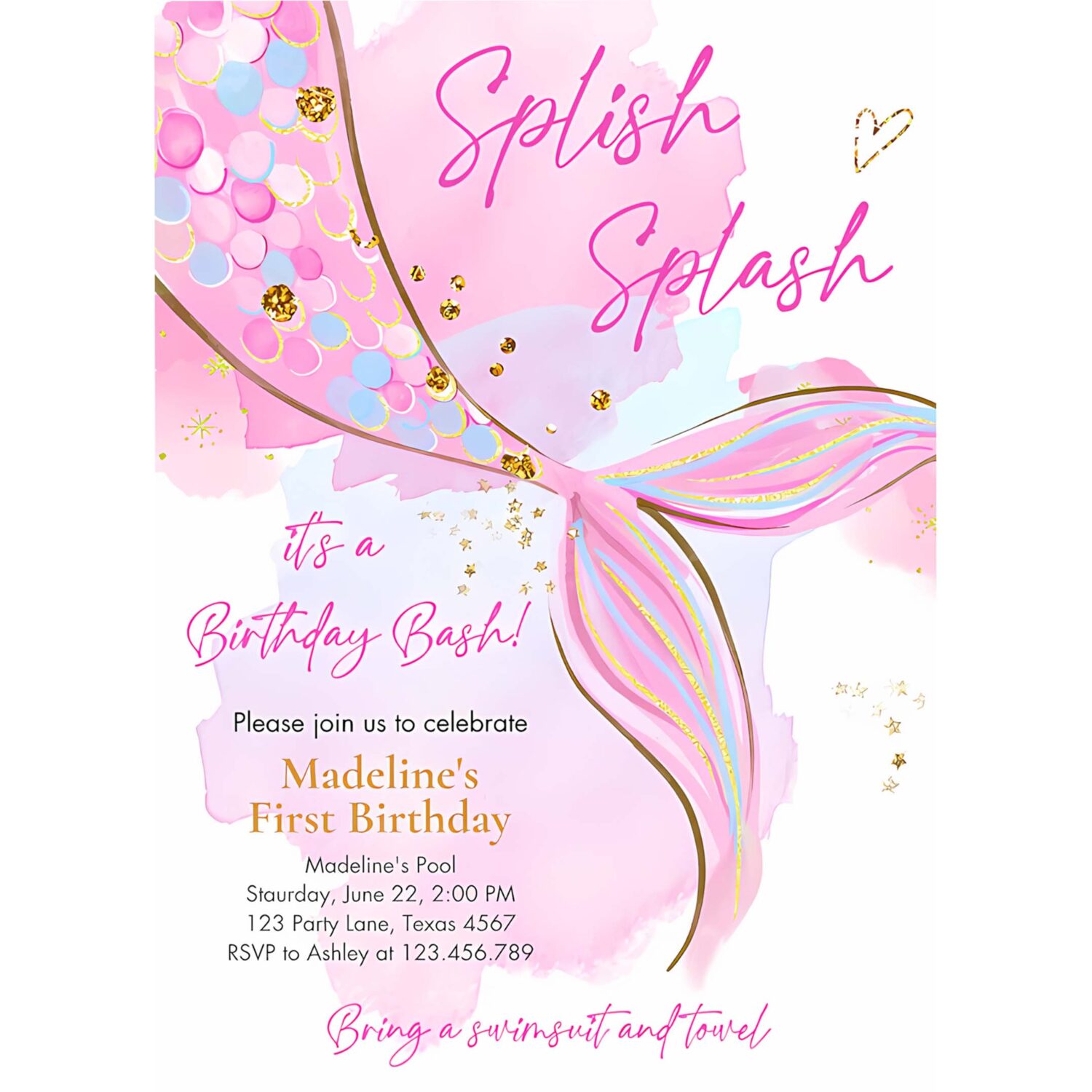 Editable mermaid birthday party invitation girl blush pink gold mermaid birthday under the sea download printable template corjl 0403 4