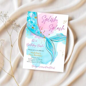Editable mermaid birthday party invitation girl pink aqua blue gold mermaid birthday under the sea download printable template corjl 0403 1