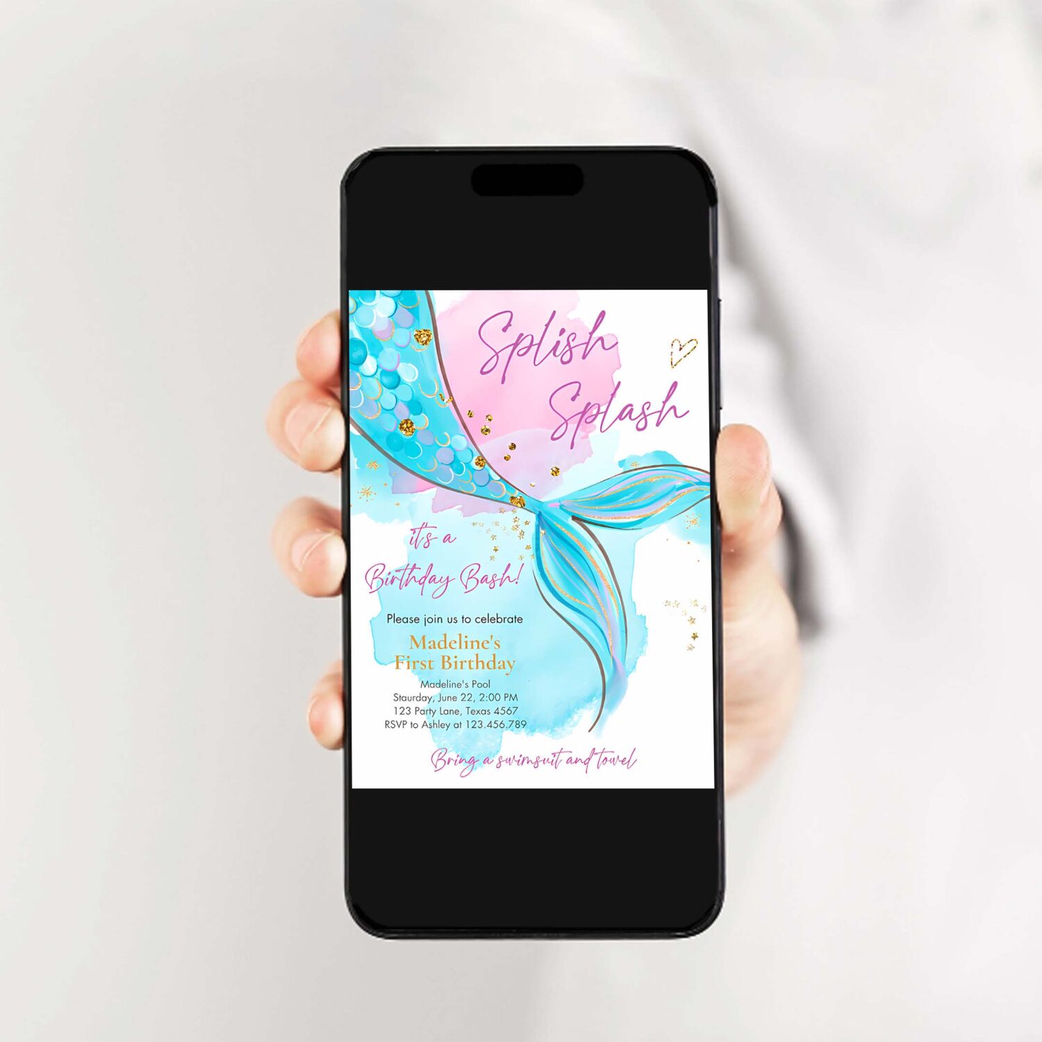 Editable mermaid birthday party invitation girl pink aqua blue gold mermaid birthday under the sea download printable template corjl 0403 2
