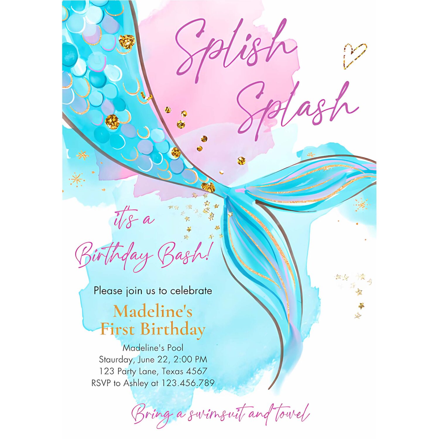 Editable mermaid birthday party invitation girl pink aqua blue gold mermaid birthday under the sea download printable template corjl 0403 4