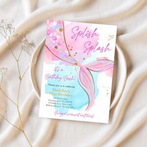 Editable mermaid birthday party invitation girl pink aqua purple gold mermaid birthday under the sea download printable template corjl 0403 1