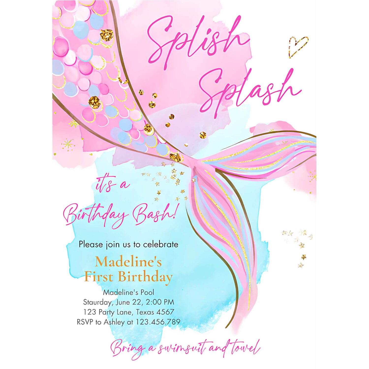 Editable mermaid birthday party invitation girl pink aqua purple gold mermaid birthday under the sea download printable template corjl 0403 4