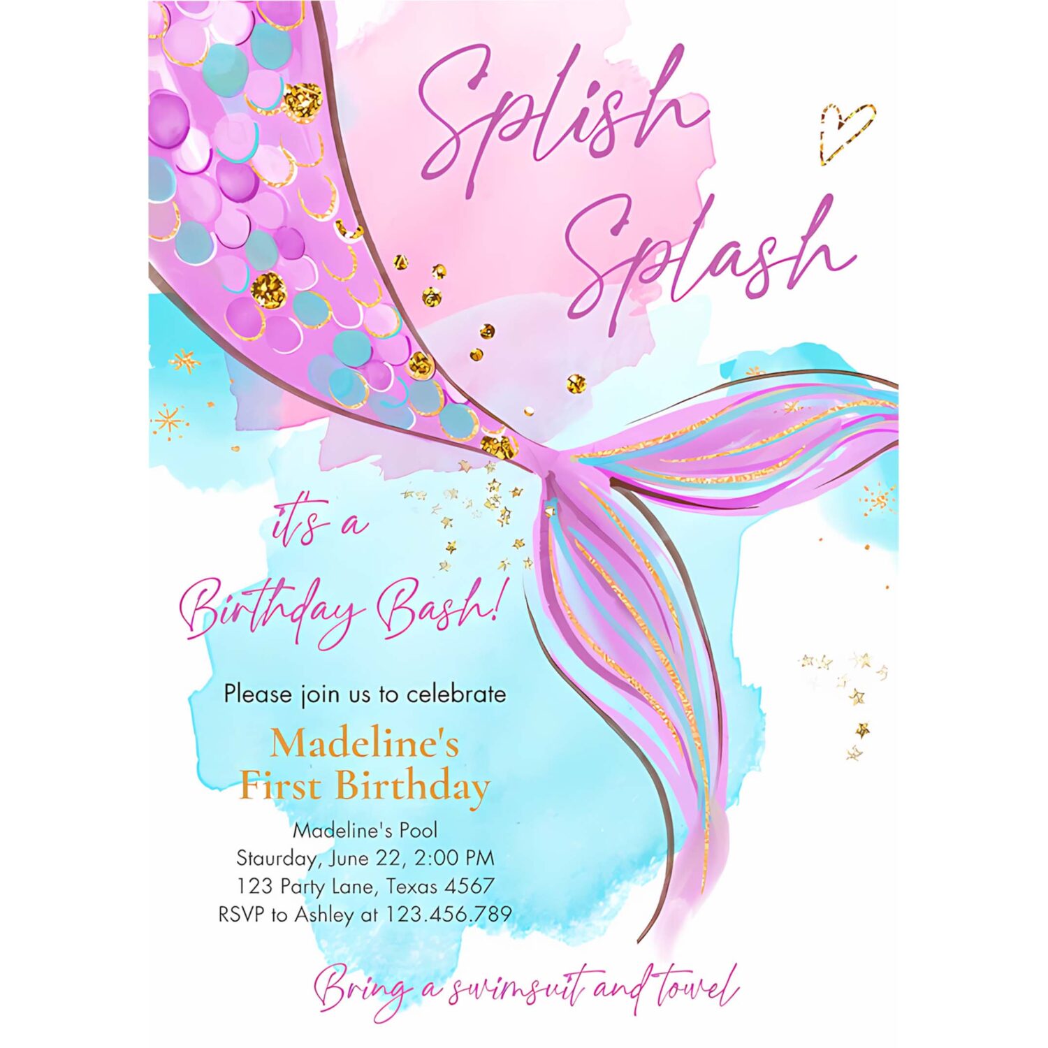 Editable mermaid birthday party invitation girl pink purple gold mermaid birthday under the sea download printable template corjl 0403 4
