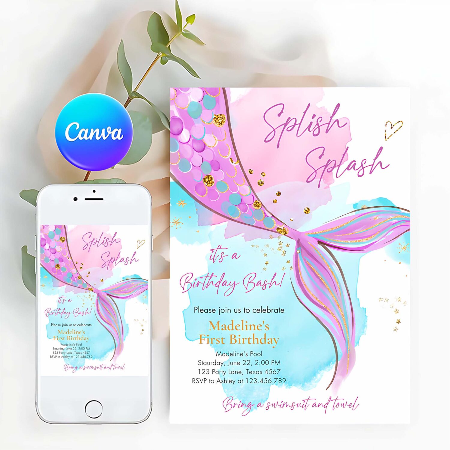 Editable mermaid birthday party invitation girl pink purple gold mermaid birthday under the sea party