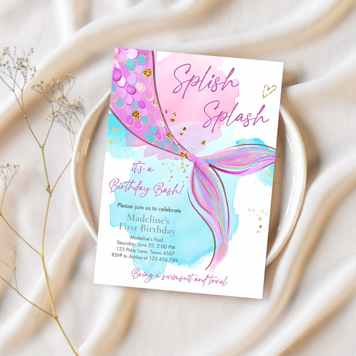 Editable mermaid birthday party invitation girl pink purple silver mermaid birthday under the sea download printable template corjl 0403 1