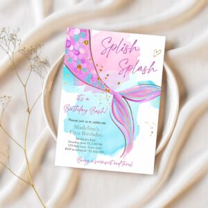 Editable mermaid birthday party invitation girl pink purple silver mermaid birthday under the sea download printable template corjl 0403 1
