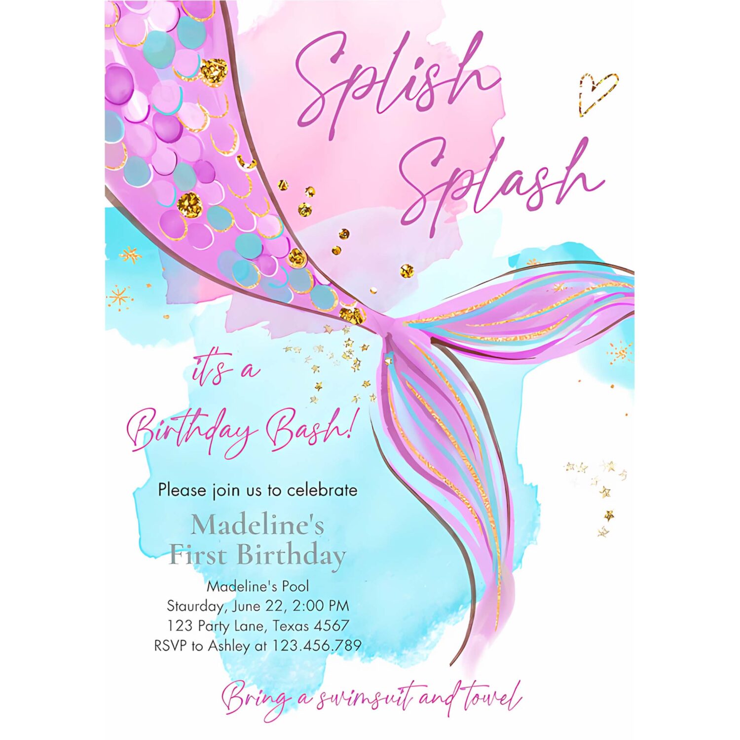 Editable mermaid birthday party invitation girl pink purple silver mermaid birthday under the sea download printable template corjl 0403 4