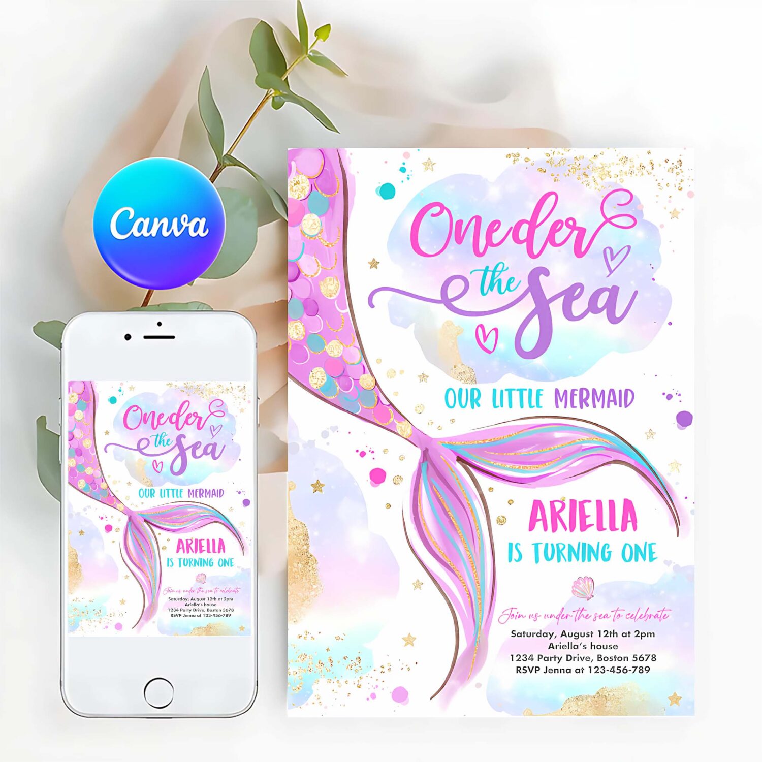 Editable mermaid oneder the sea 1st birthday invitation mermaid 1st birthday party pink gold whimsical mermaid birthday