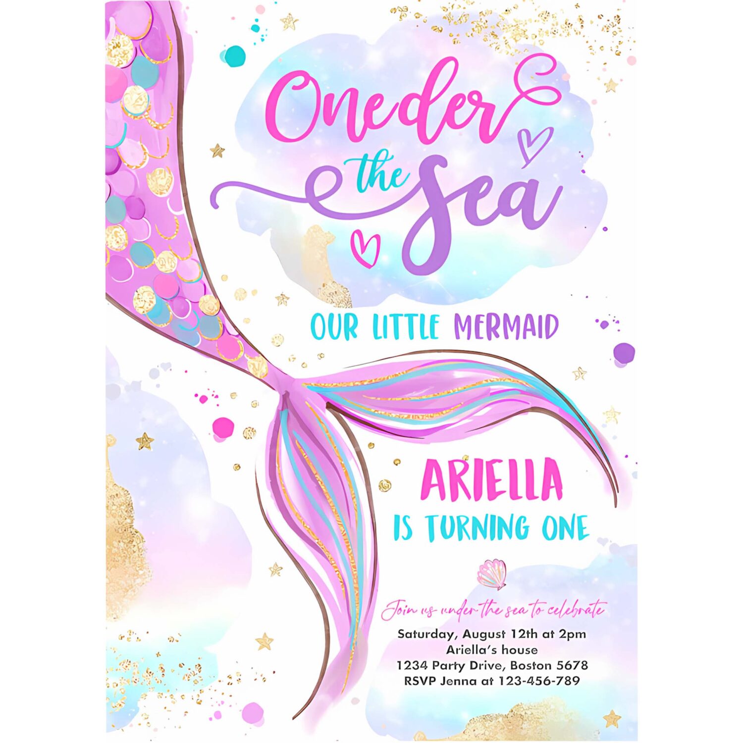 Editable mermaid oneder the sea 1st birthday invitation mermaid 1st birthday party pink gold whimsical mermaid birthday 4