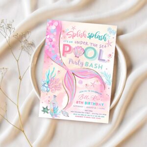 Editable mermaid under the sea pool party invitation girl birthday invite party birthday invite printable template 1