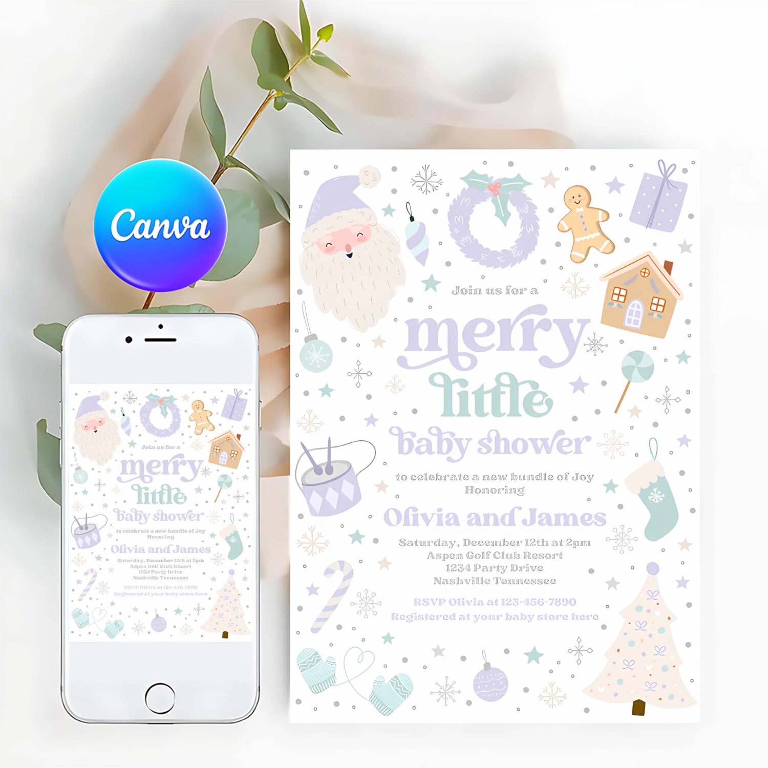 Editable merry little baby shower invitation santa christmas baby shower invitation purple and blue christmas shower instant download 55y