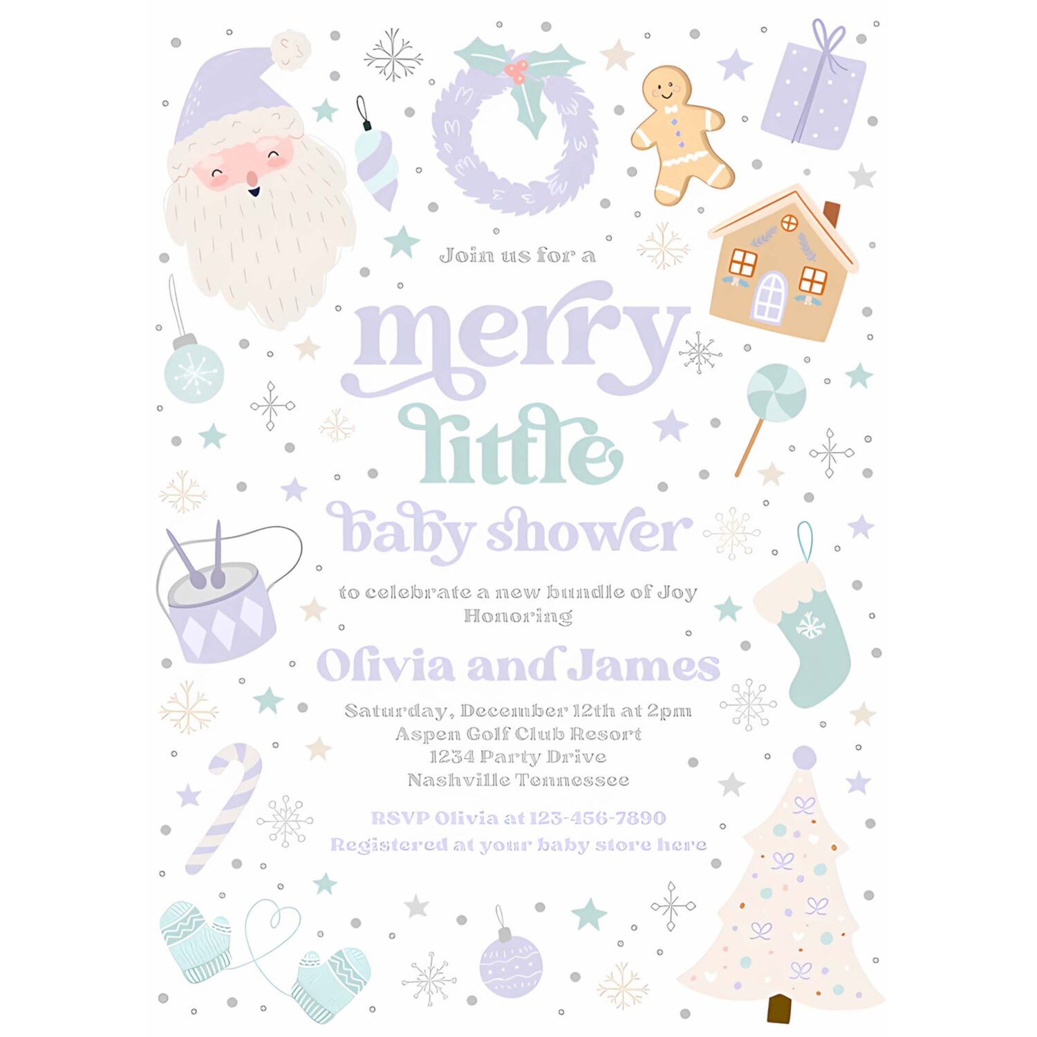 Editable merry little baby shower invitation santa christmas baby shower invitation purple and blue christmas shower instant download 55y 4