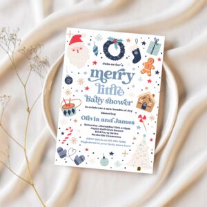 Editable merry little baby shower invitation santa christmas tree baby shower invitation red and blue christmas shower instant download hhu 1