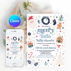 Merry Little Invitation, Merry Little Baby Shower Invitation Santa Christmas Tree Baby Shower Invitation Red And Blue Christmas Shower