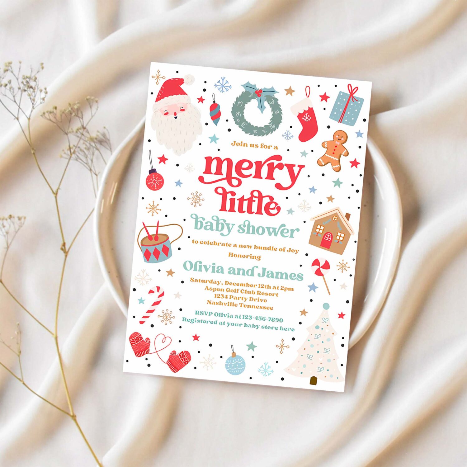 Editable merry little baby shower invitation santa christmas tree baby shower invitation red and blue christmas shower instant download hyt 1