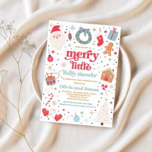 Editable merry little baby shower invitation santa christmas tree baby shower invitation red and blue christmas shower instant download hyt 1
