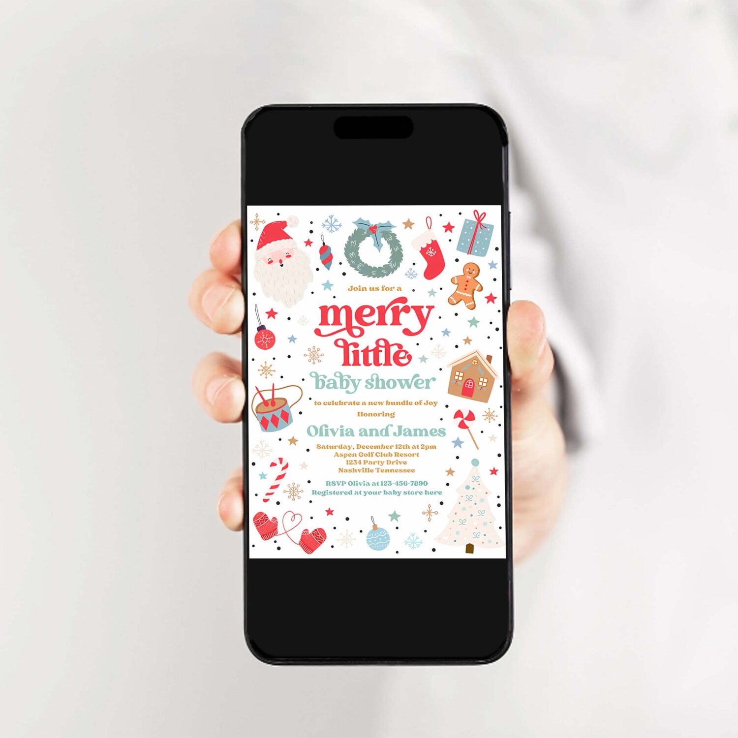 Editable merry little baby shower invitation santa christmas tree baby shower invitation red and blue christmas shower instant download hyt 2
