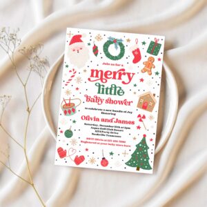 Editable merry little baby shower invitation santa christmas tree baby shower invitation red and green christmas shower instant download 44t 1
