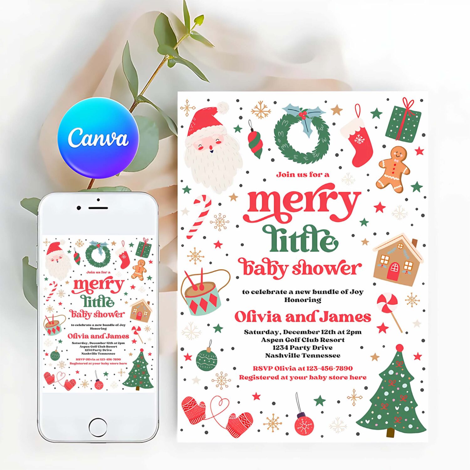 Editable merry little baby shower invitation santa christmas tree baby shower invitation red and green christmas shower instant download 44t