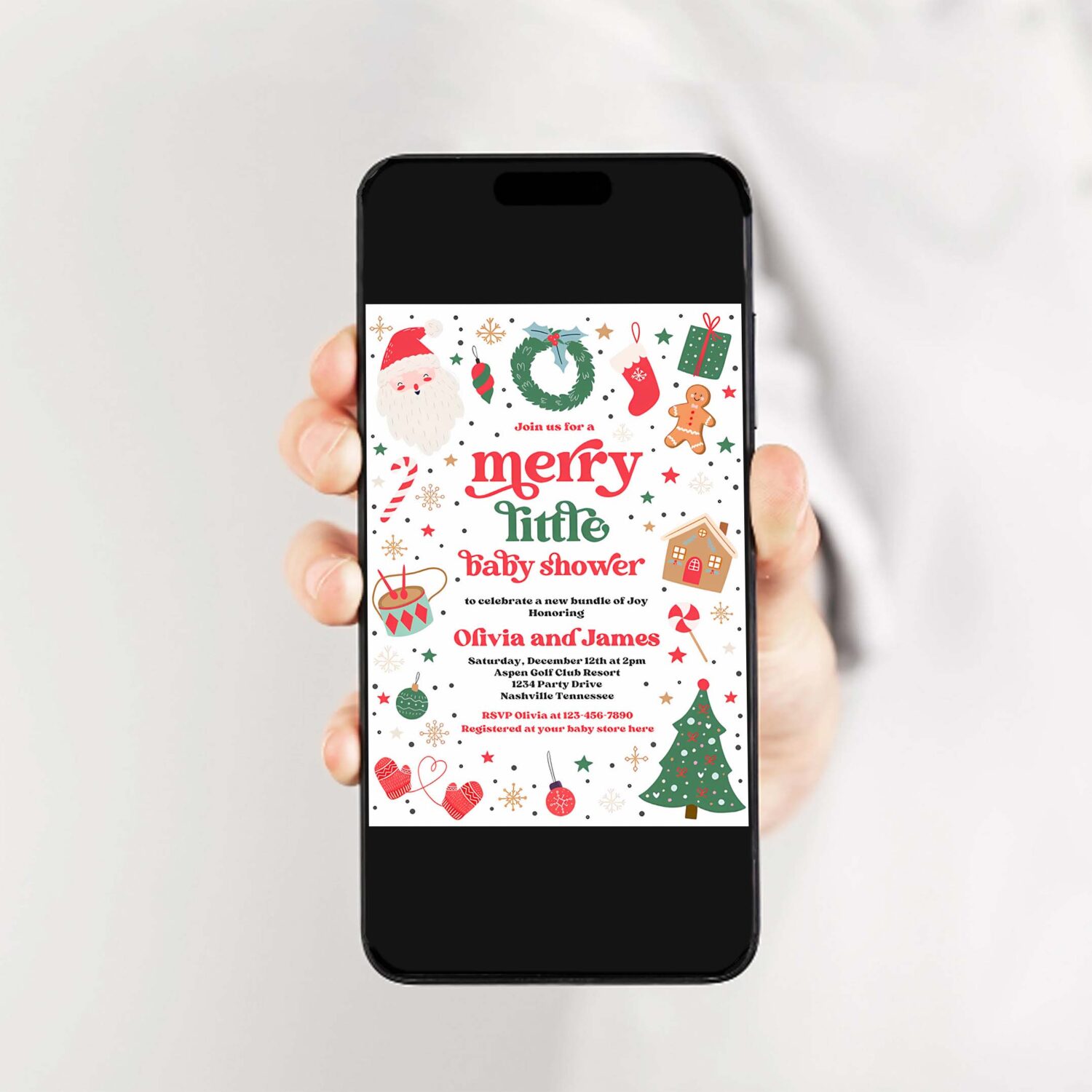 Editable merry little baby shower invitation santa christmas tree baby shower invitation red and green christmas shower instant download 44t 2