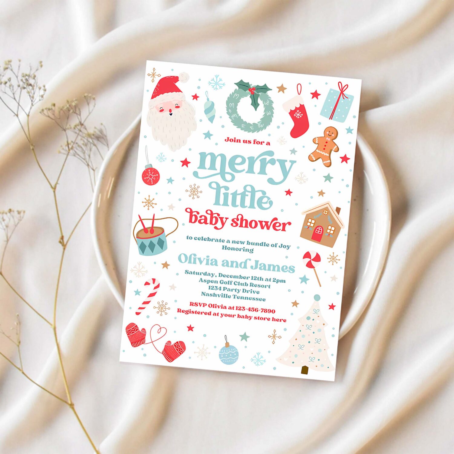 Editable merry little baby shower invite santa christmas tree baby shower invitation red and blue christmas shower instant download hyt 1