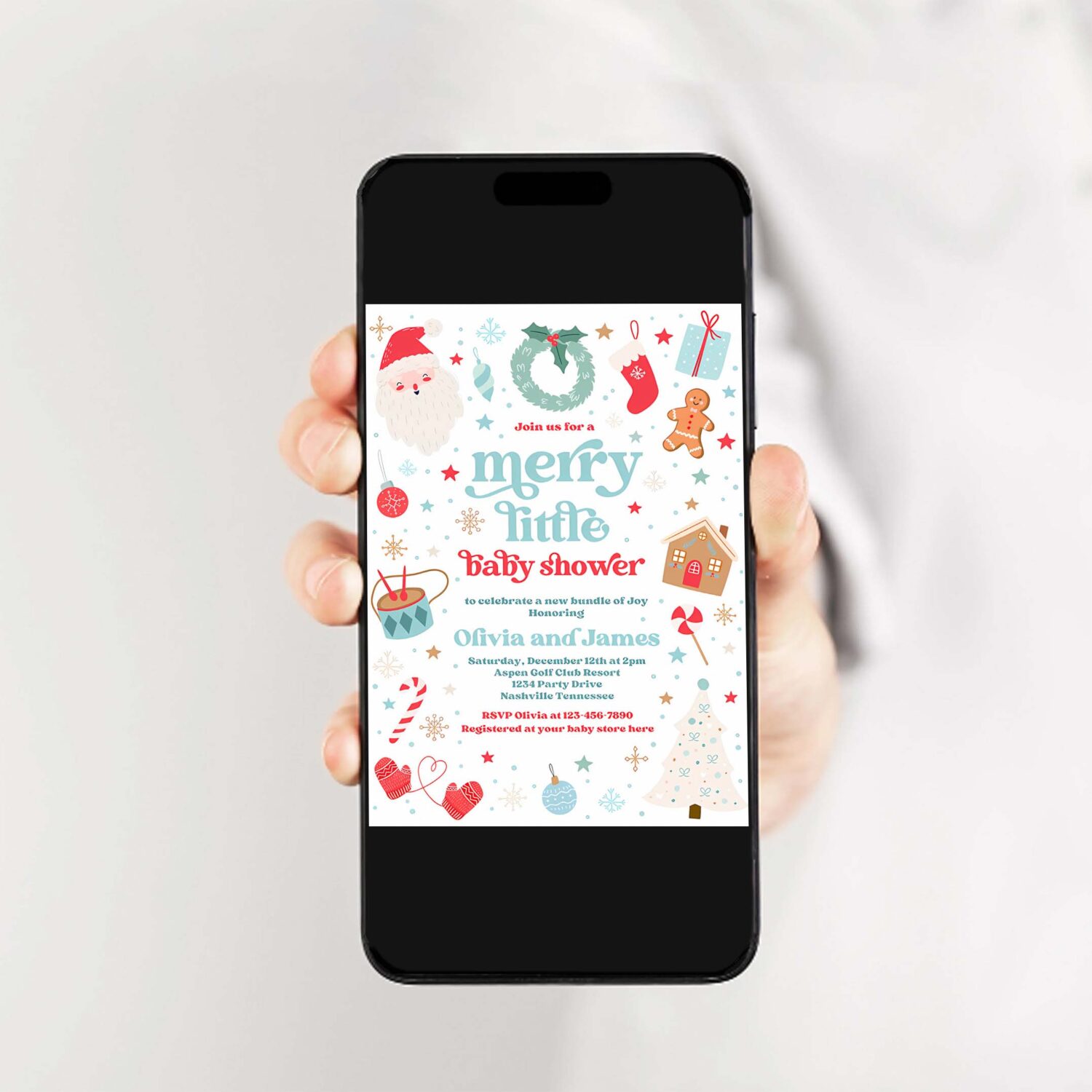 Editable merry little baby shower invite santa christmas tree baby shower invitation red and blue christmas shower instant download hyt 2