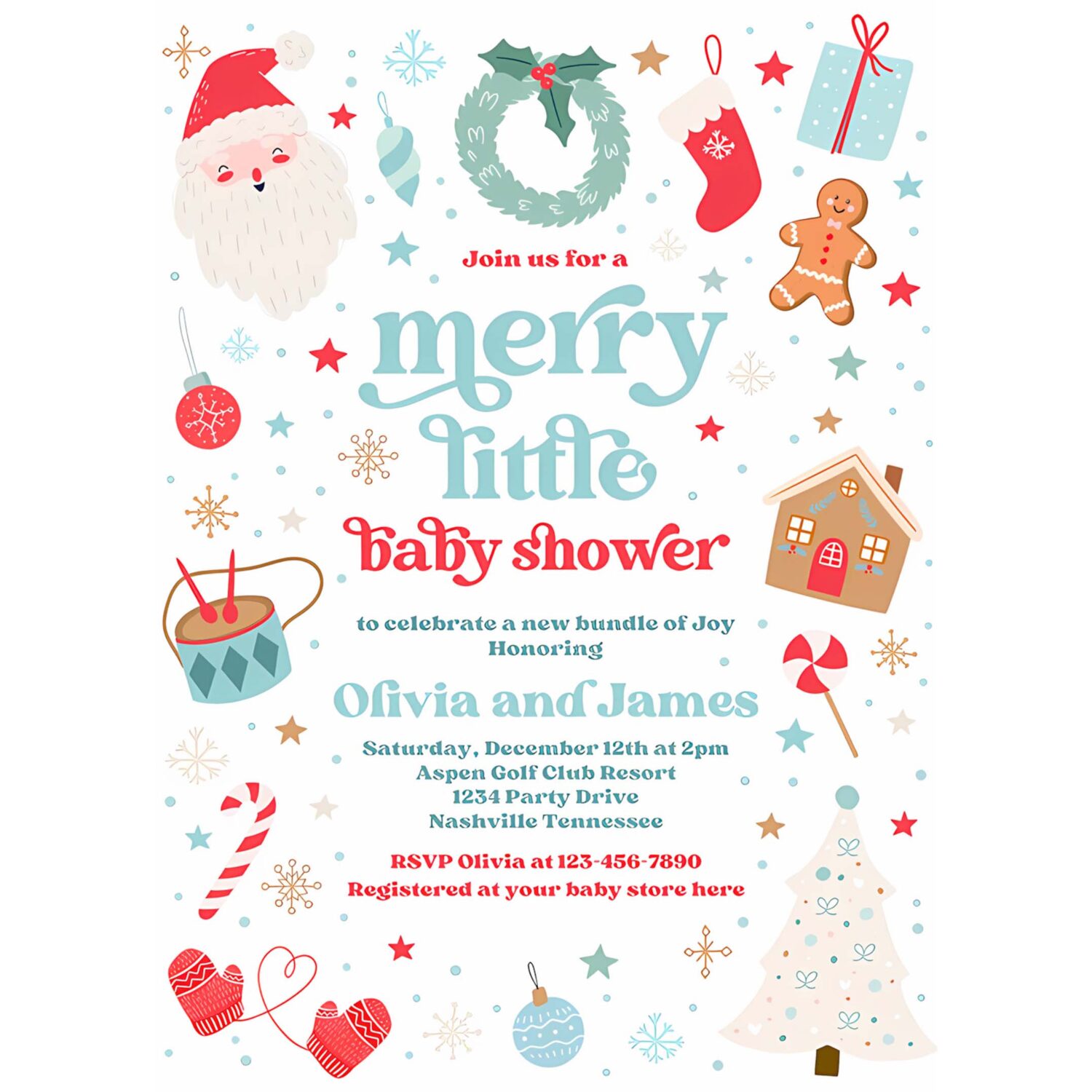 Editable merry little baby shower invite santa christmas tree baby shower invitation red and blue christmas shower instant download hyt 4