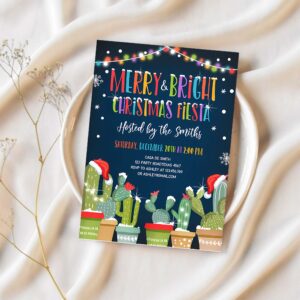 Editable merry and bright christmas fiesta invitation cactus mexican holiday feliz navidad invite digital printable corjl template 0273 1