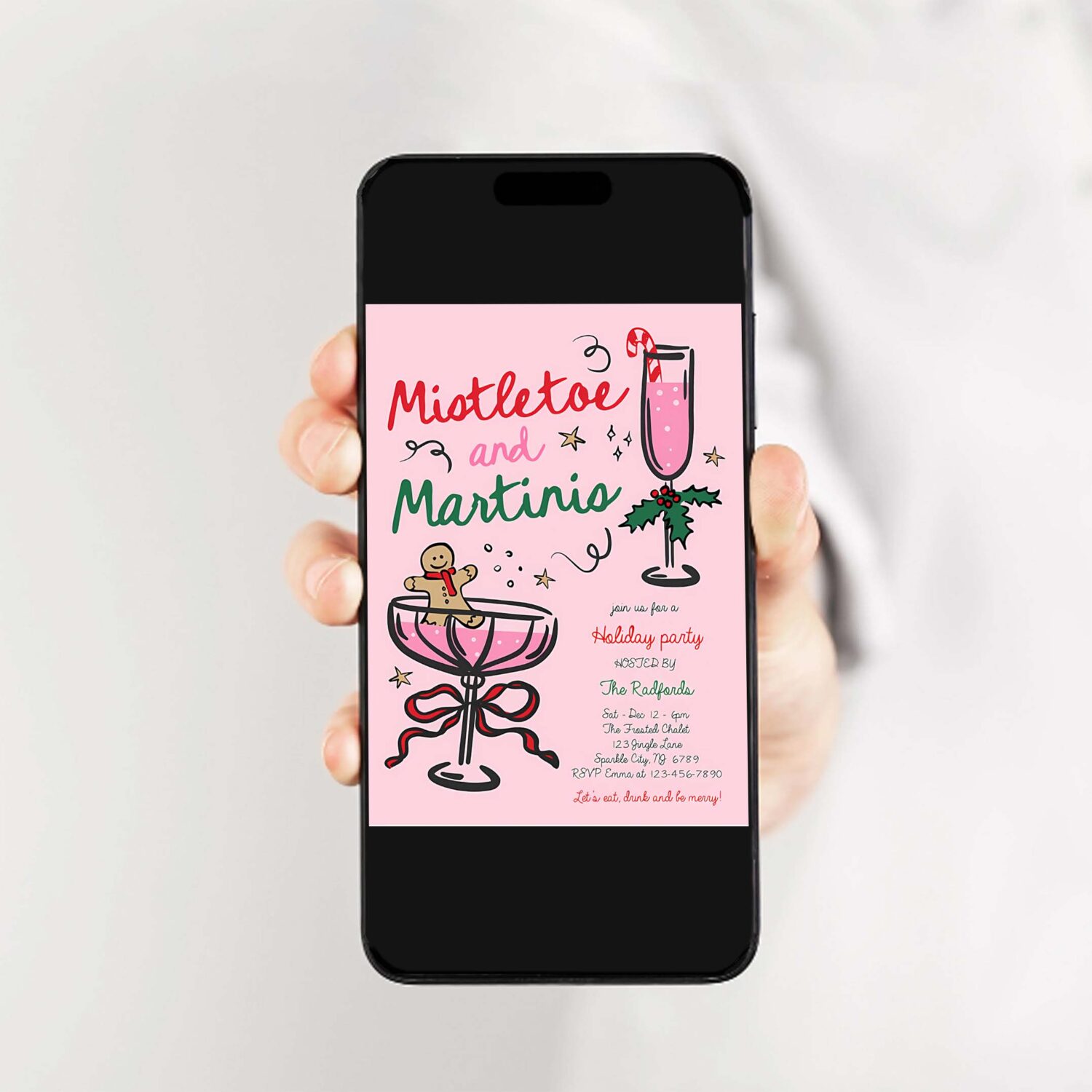 Editable mistletoe and martinis christmas party invitation pink red hand drawn mistletoe and martinis cocktail party instant download jj9 2
