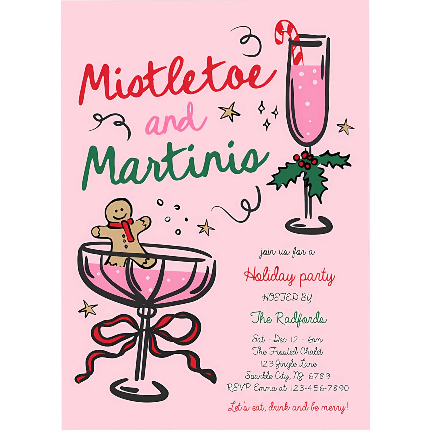 Editable mistletoe and martinis christmas party invitation pink red hand drawn mistletoe and martinis cocktail party instant download jj9 4