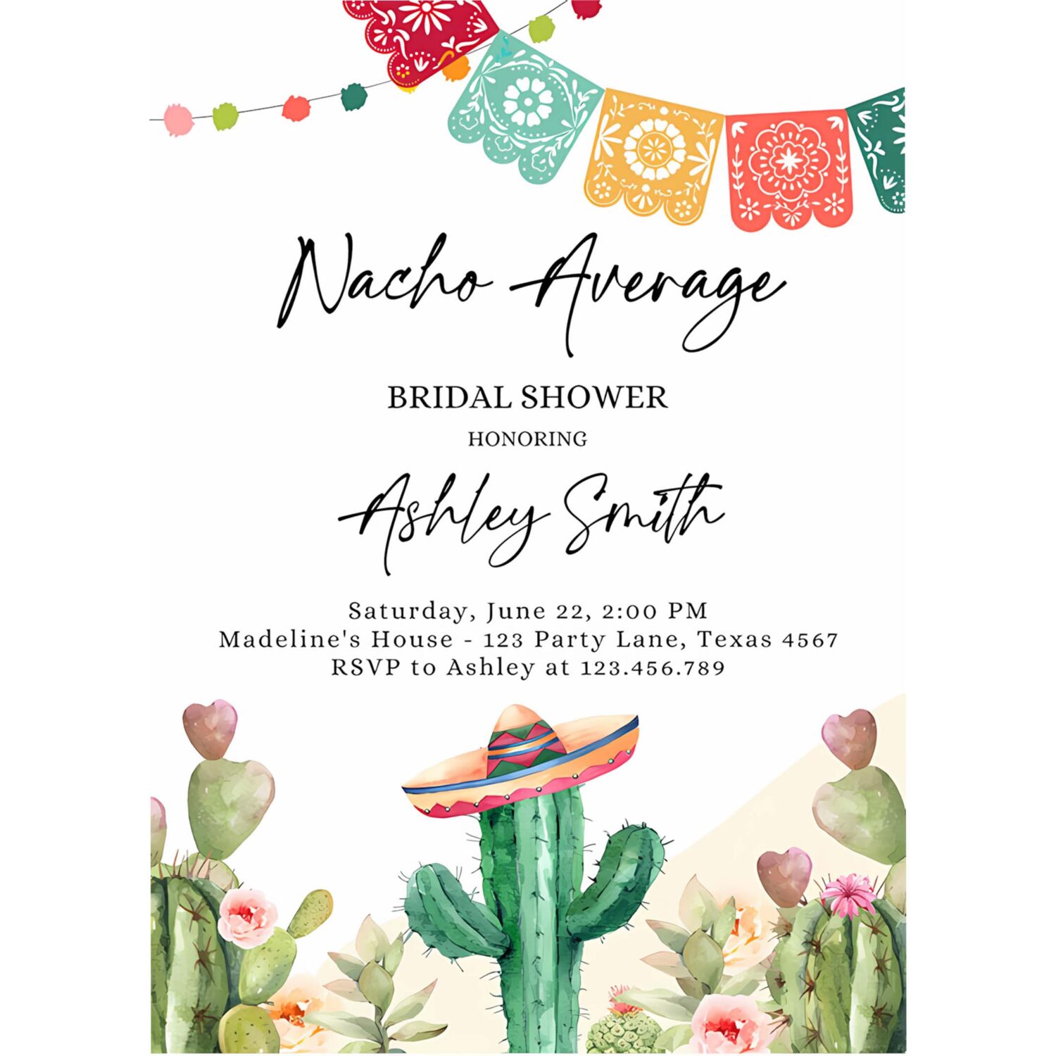 Editable nacho average bridal shower invitation couples fiesta mexican watercolor cactus succulent desert template corjl printable 0404 4