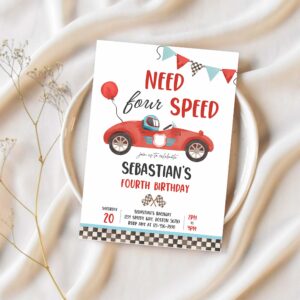 Editable need four speed race car 4th birthday invitation boy vintage red race car 4th birthday party need 4 speed party 1