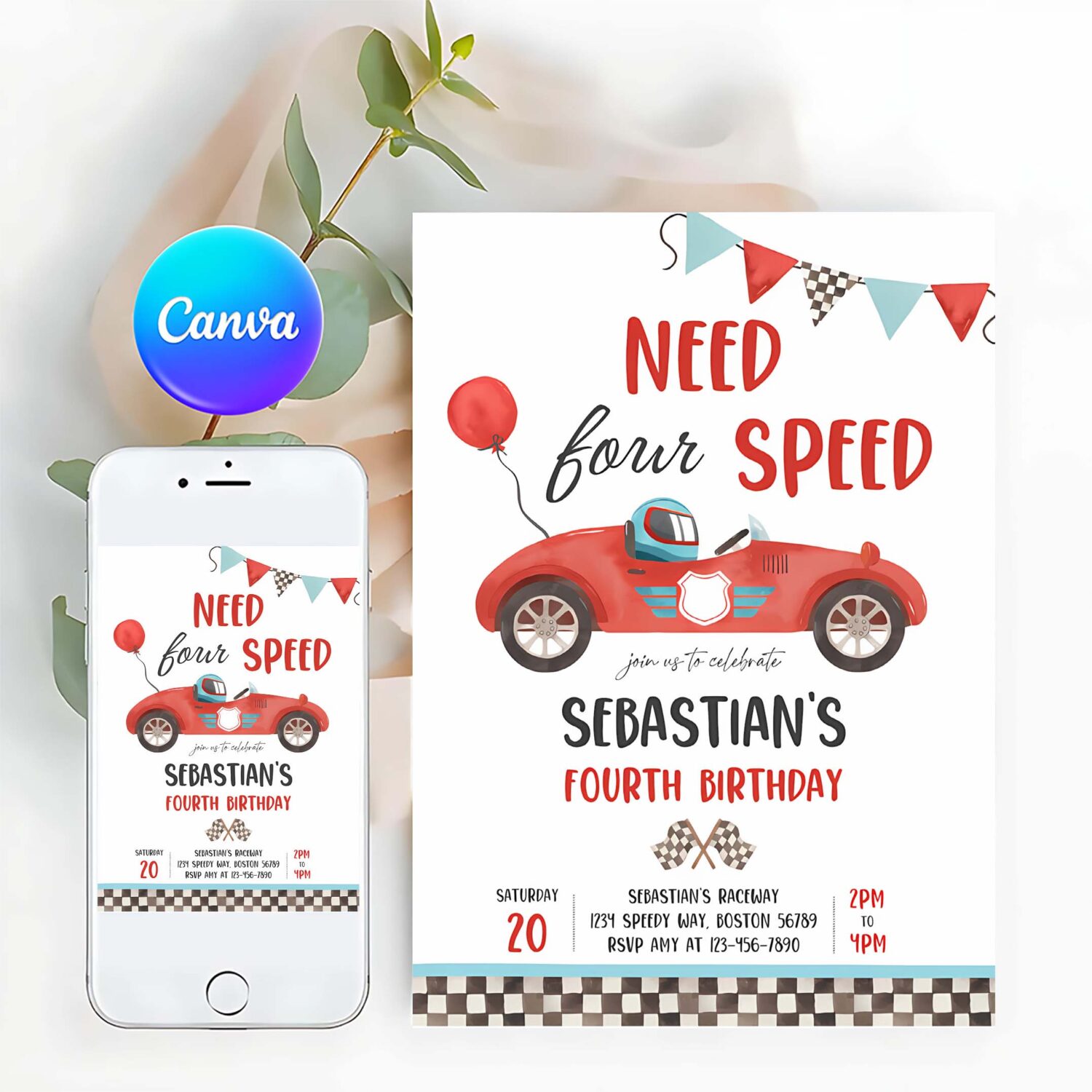 Editable need four speed race car 4th birthday invitation boy vintage red race car 4th birthday party need 4 speed party