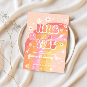 Editable nine is a vibe groovy birthday party invitation peace love party rainbow party hippie groovy 70s 9th birthday 1