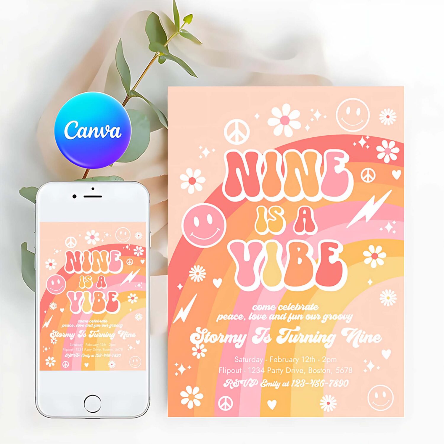 Editable nine is a vibe groovy birthday party invitation peace love party rainbow party hippie groovy 70s 9th birthday